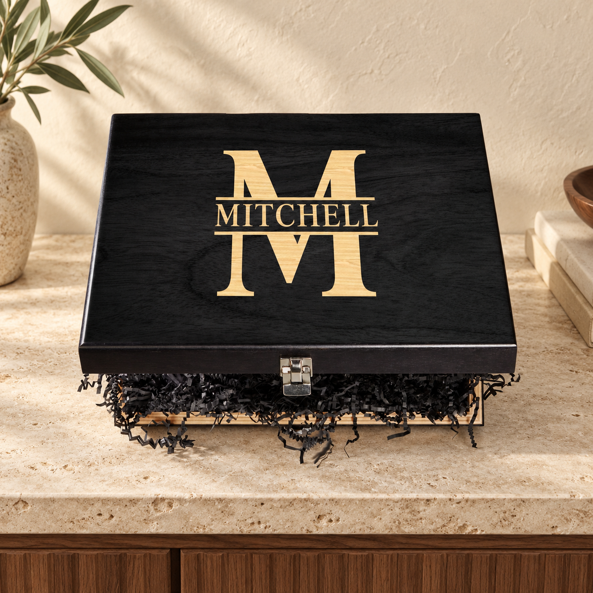 Personalized Keepsake Box in a warm interior; example personalization