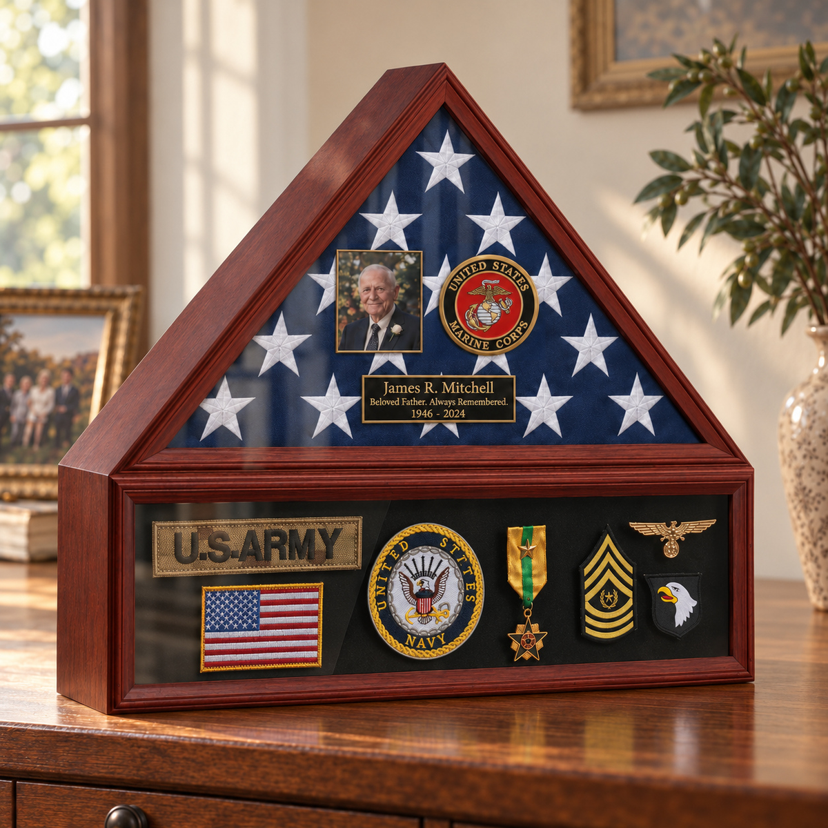 Marine Corps flag and medal display case — photo + engraving; medals and flag shown for illustration