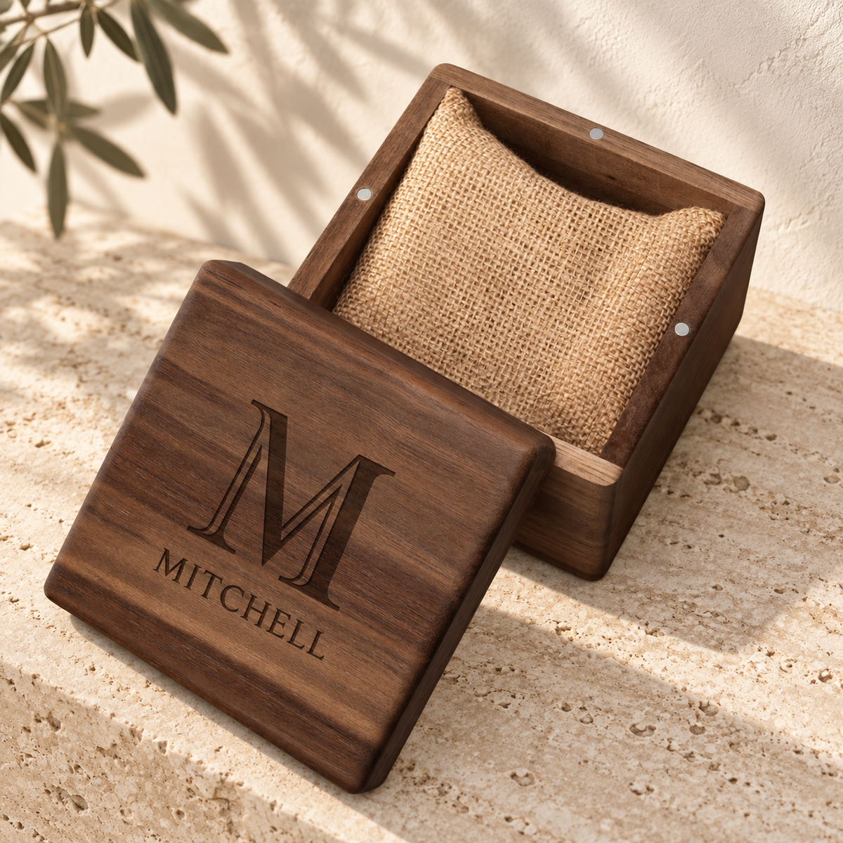 Personalized Walnut Watch Box in a warm interior; example personalization