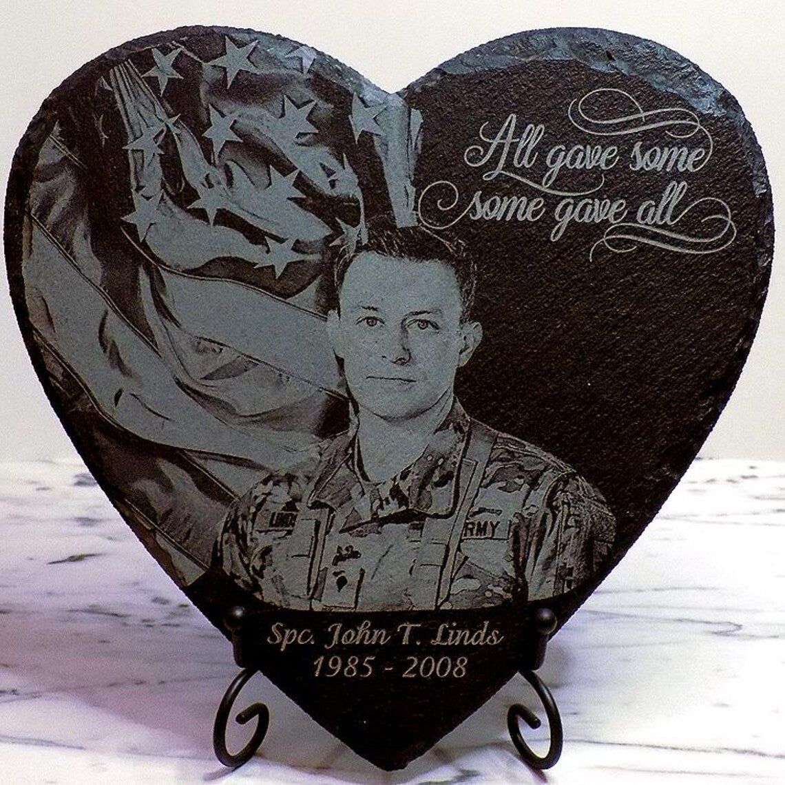 Military Memorial Slate Heart for Military Service Members, Laser Engraved with Photo