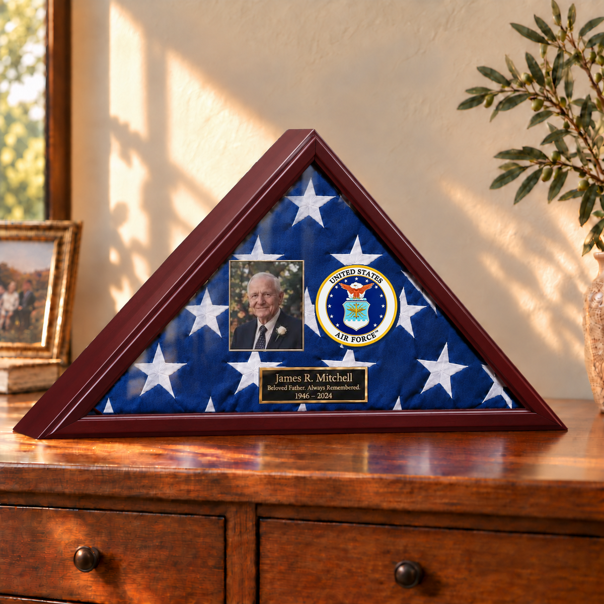 Air Force flag display case — photo + engraving example