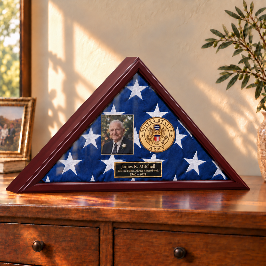 Army flag display case — photo + engraving example