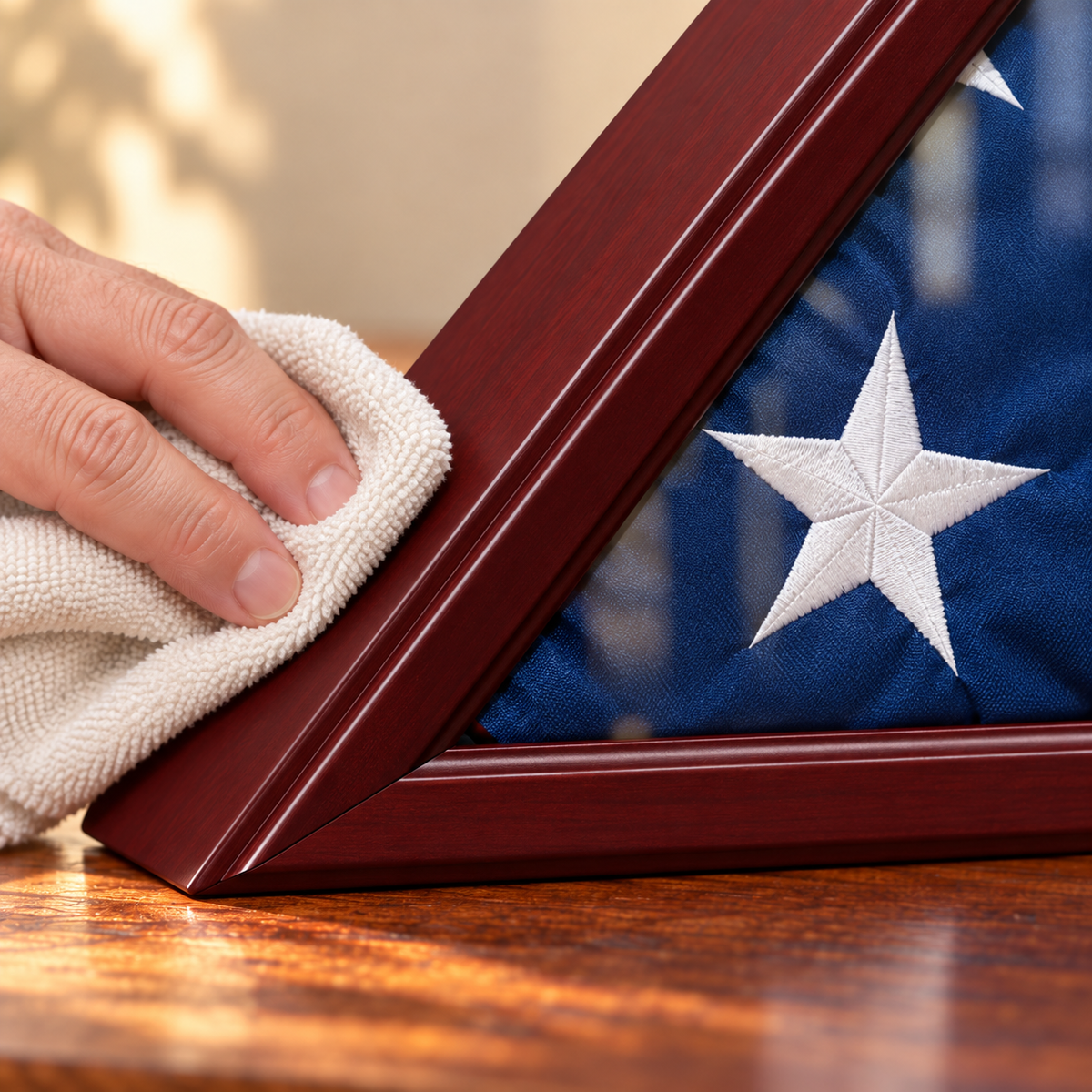 Illustrative close-up of a burgundy flag display case being gently finished with a soft cloth