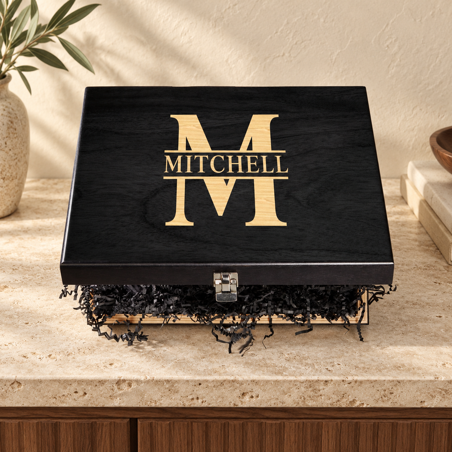 Personalized Keepsake Box in a warm interior; example personalization