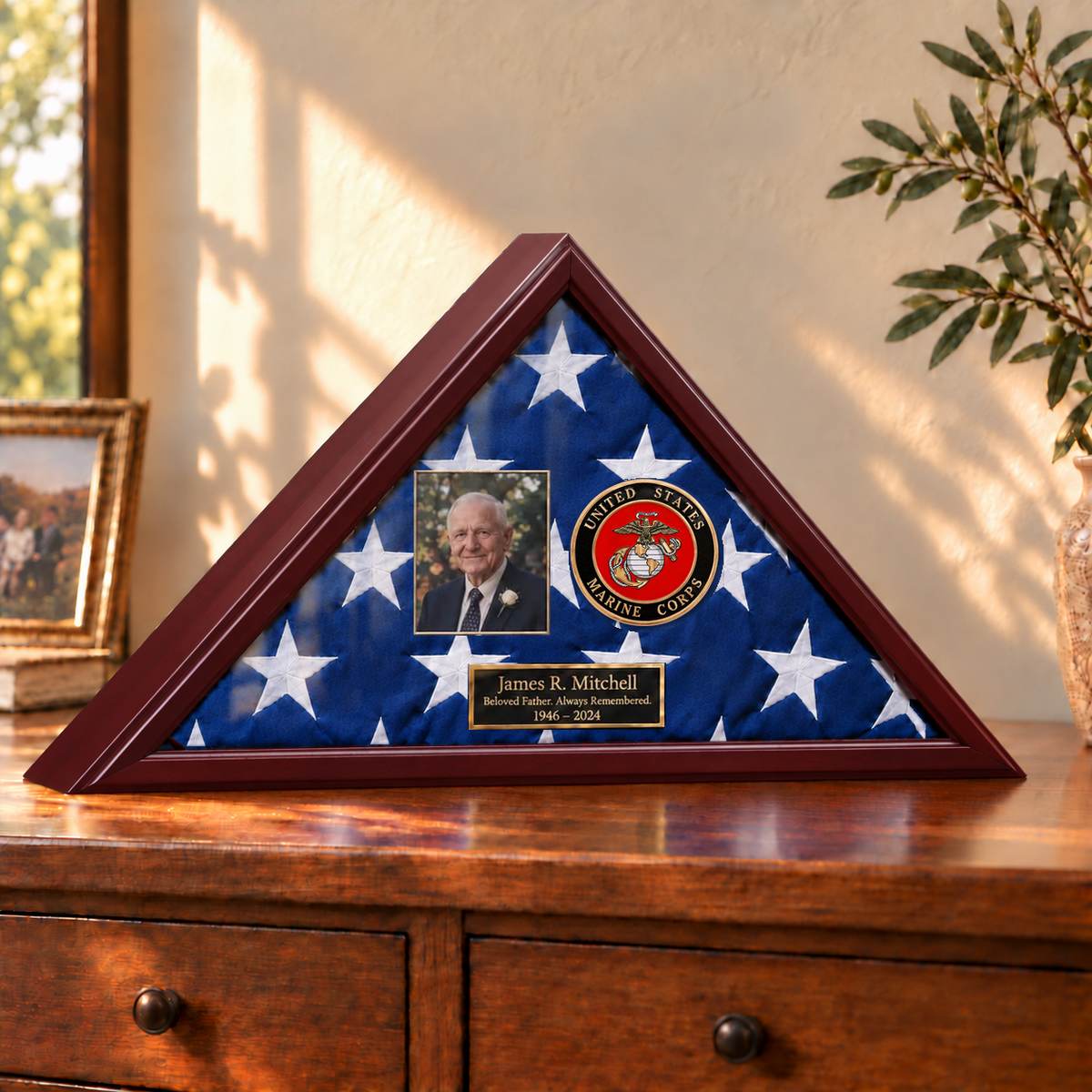 Marine Corps flag display case — photo + engraving example