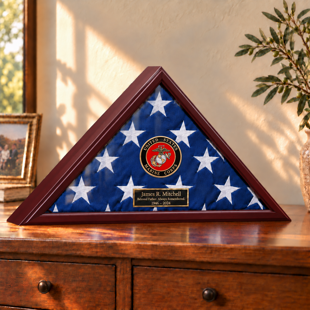 Marine Corps flag display case — with engraving example