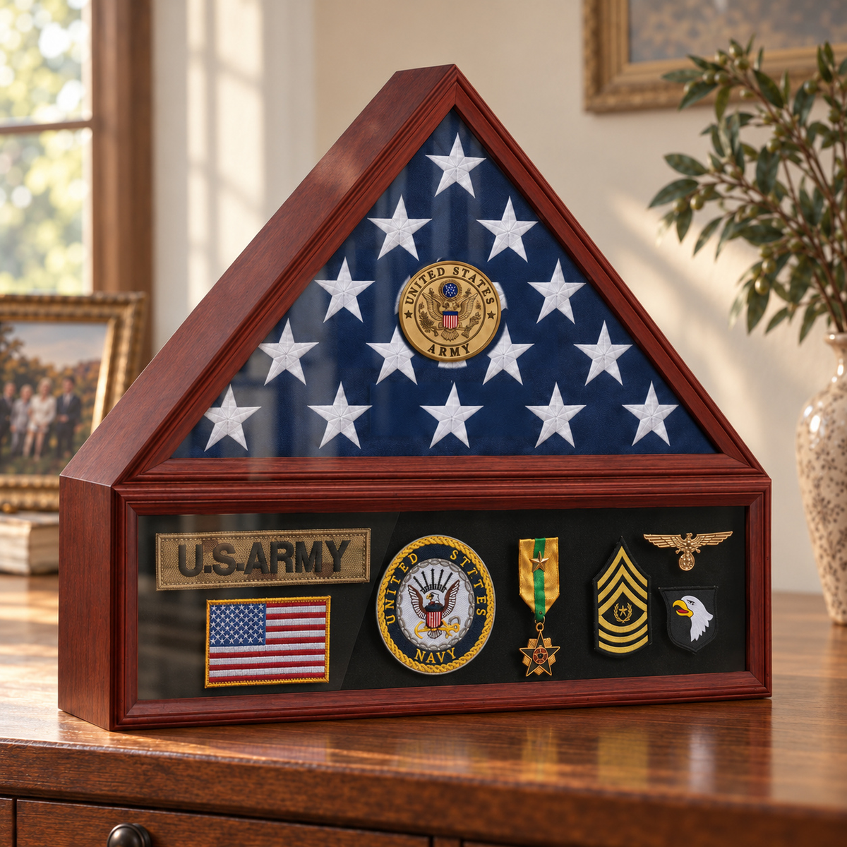 Army flag and medal display case — case only; medals and flag shown for illustration