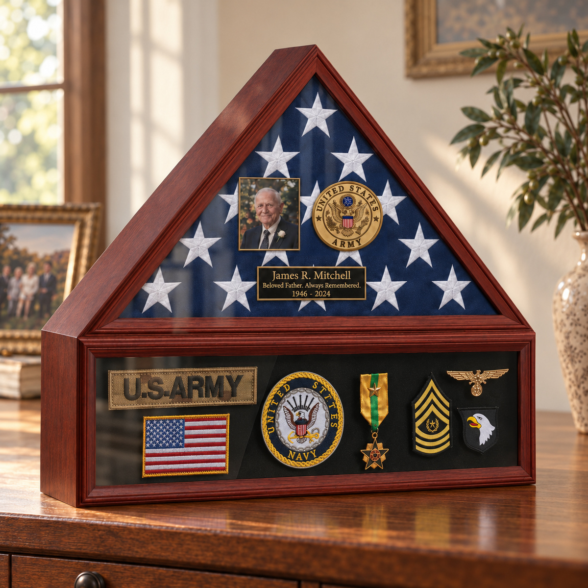 Army flag and medal display case — photo + engraving; medals and flag shown for illustration