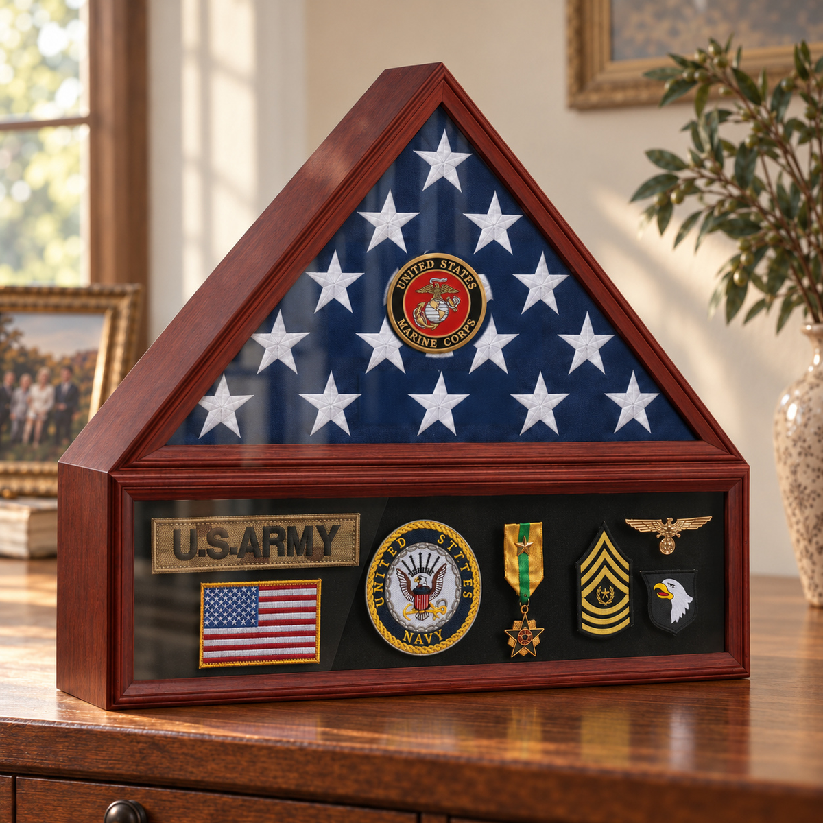Marine Corps flag and medal display case — case only; medals and flag shown for illustration