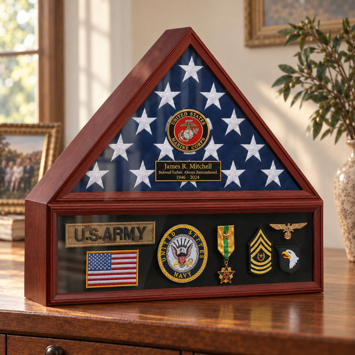Marine Corps flag and medal display case — with engraving; medals and flag shown for illustration