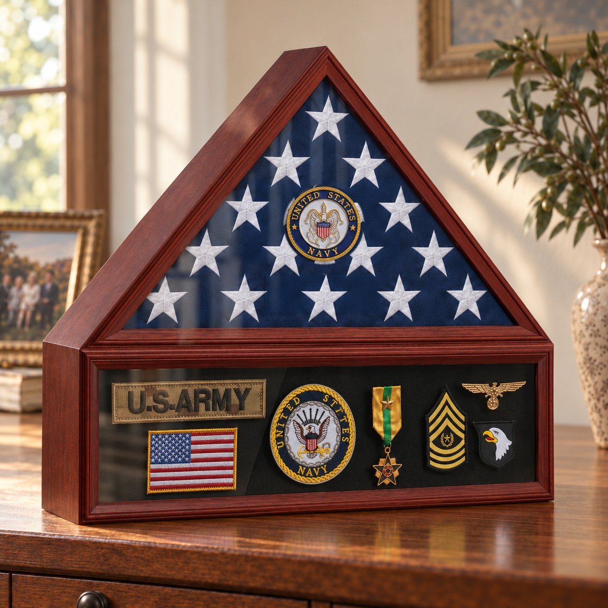 Navy flag and medal display case — case only; medals and flag shown for illustration