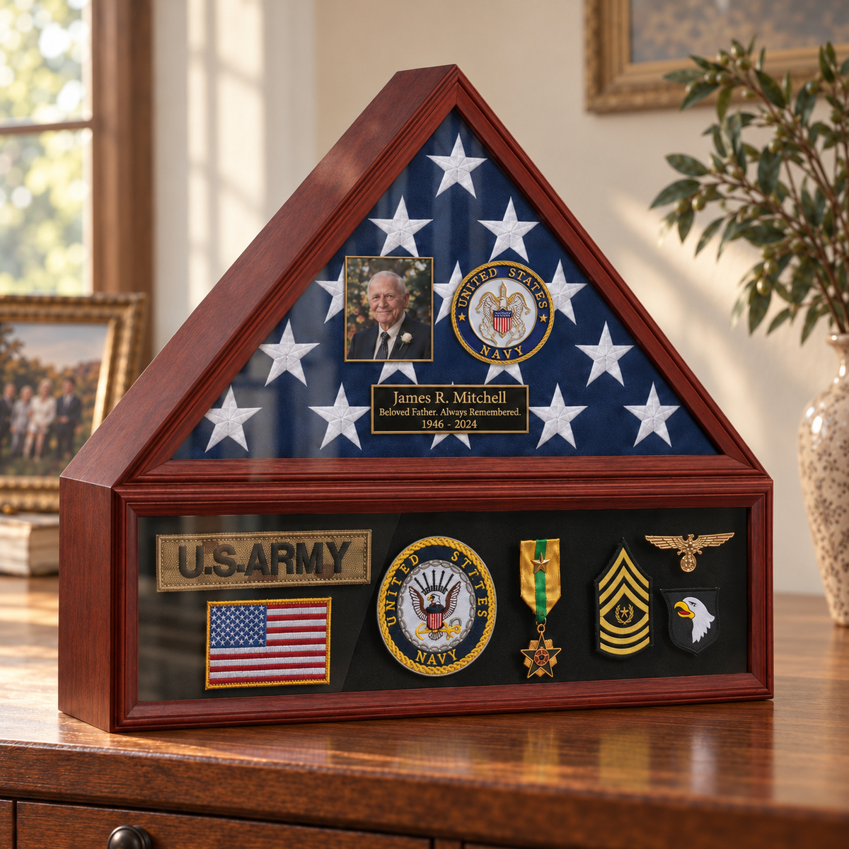 Navy flag and medal display case — photo + engraving; medals and flag shown for illustration