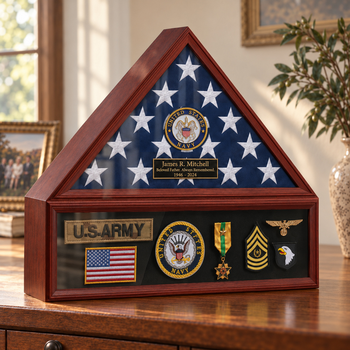 Navy flag and medal display case — with engraving; medals and flag shown for illustration