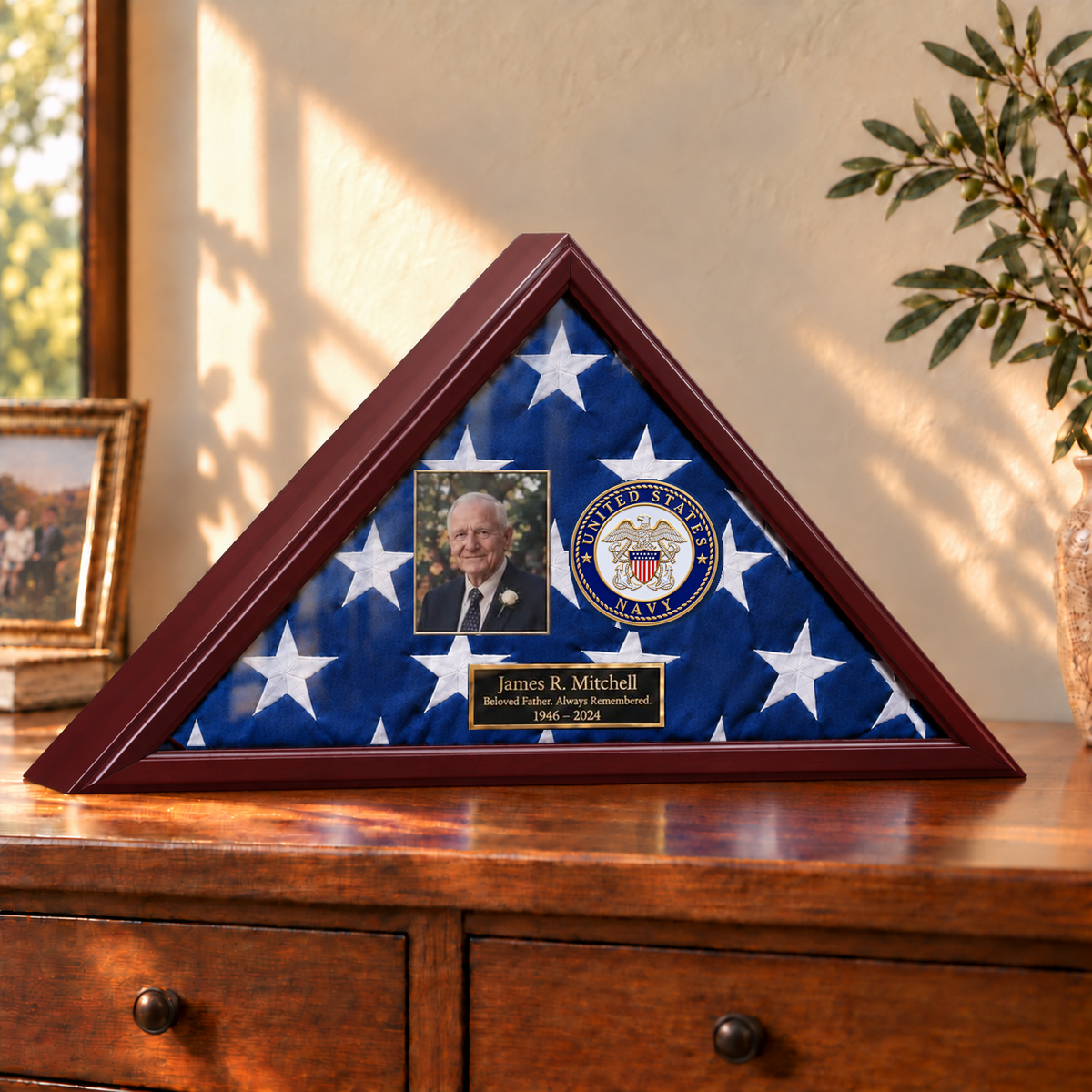 Navy flag display case — photo + engraving example