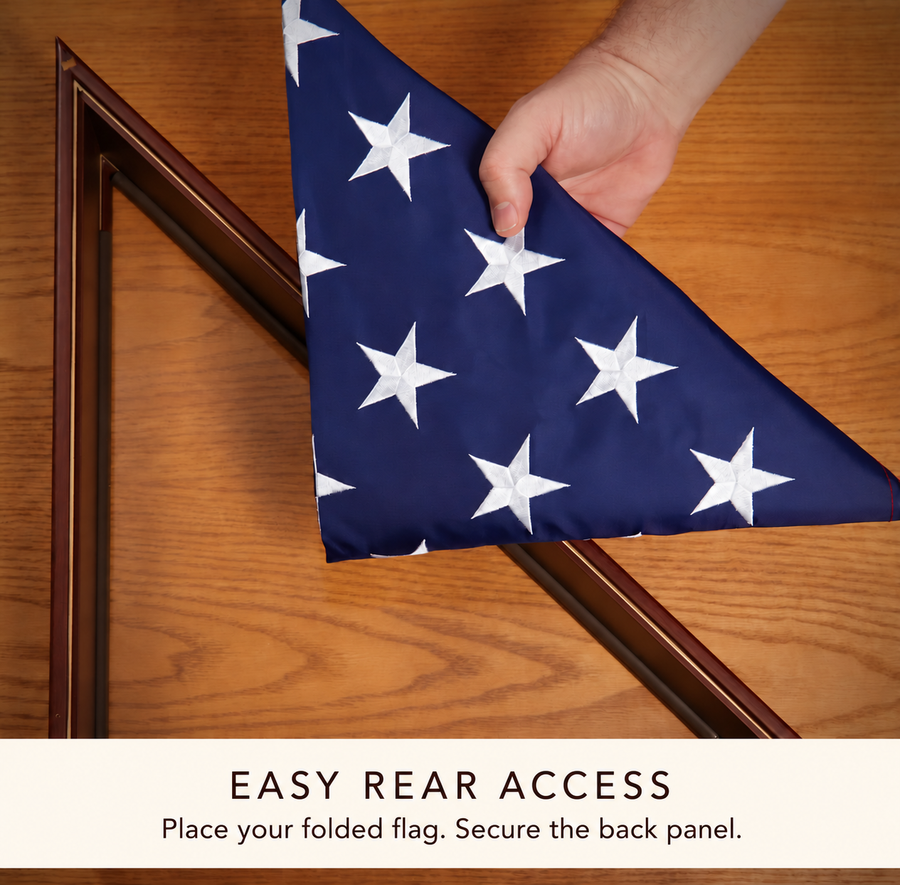 Illustration of a folded flag being placed through the rear opening of a triangular display case