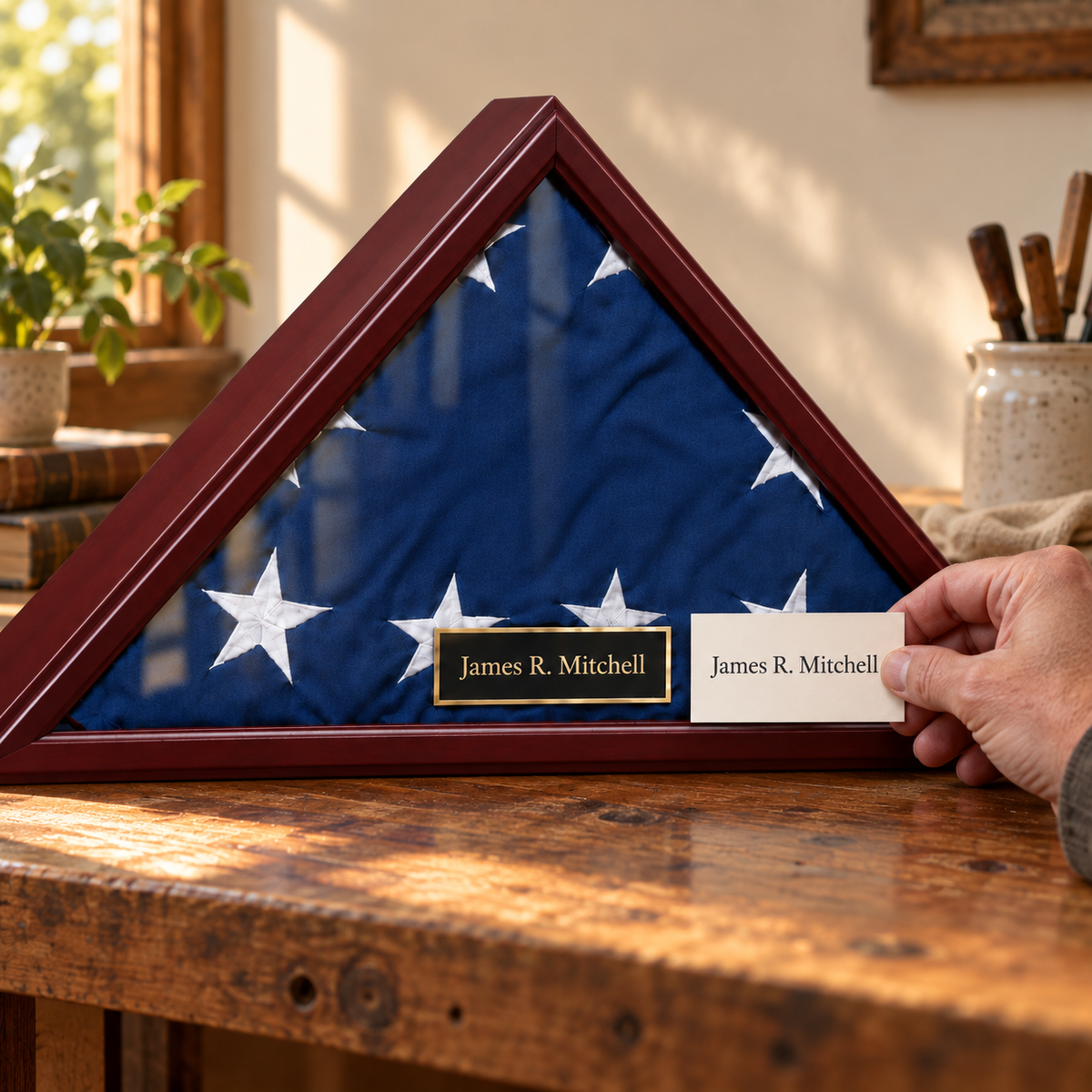 Illustrative review of a personalized inscription beside a burgundy flag display case