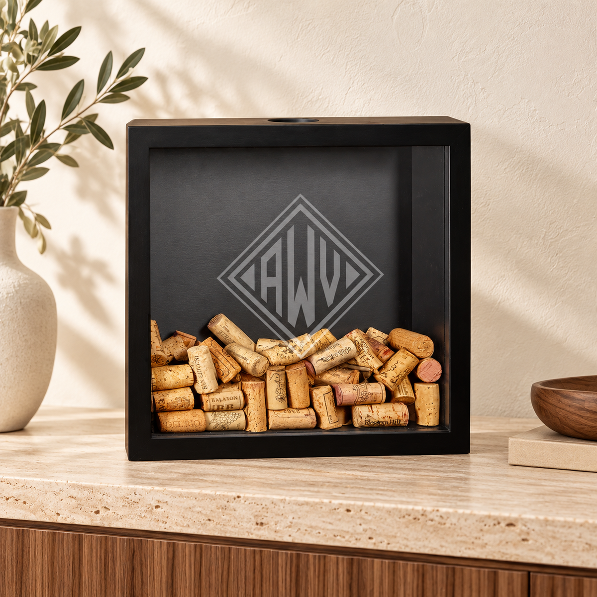 Personalized Wine Cork Display in a warm interior; example personalization