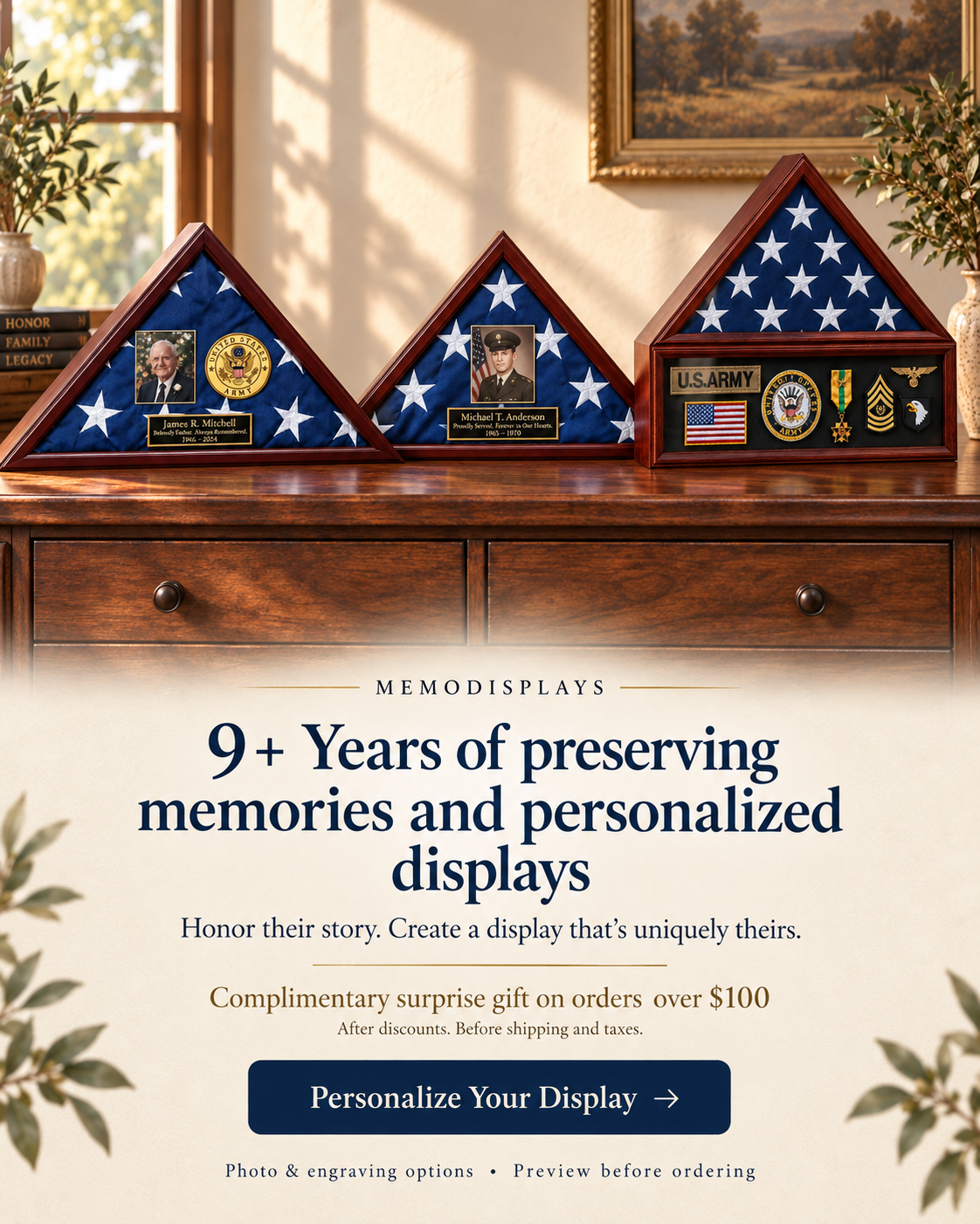 Wooden flag display cases with personalized photos, engraving and military keepsakes, arranged on a walnut dresser.